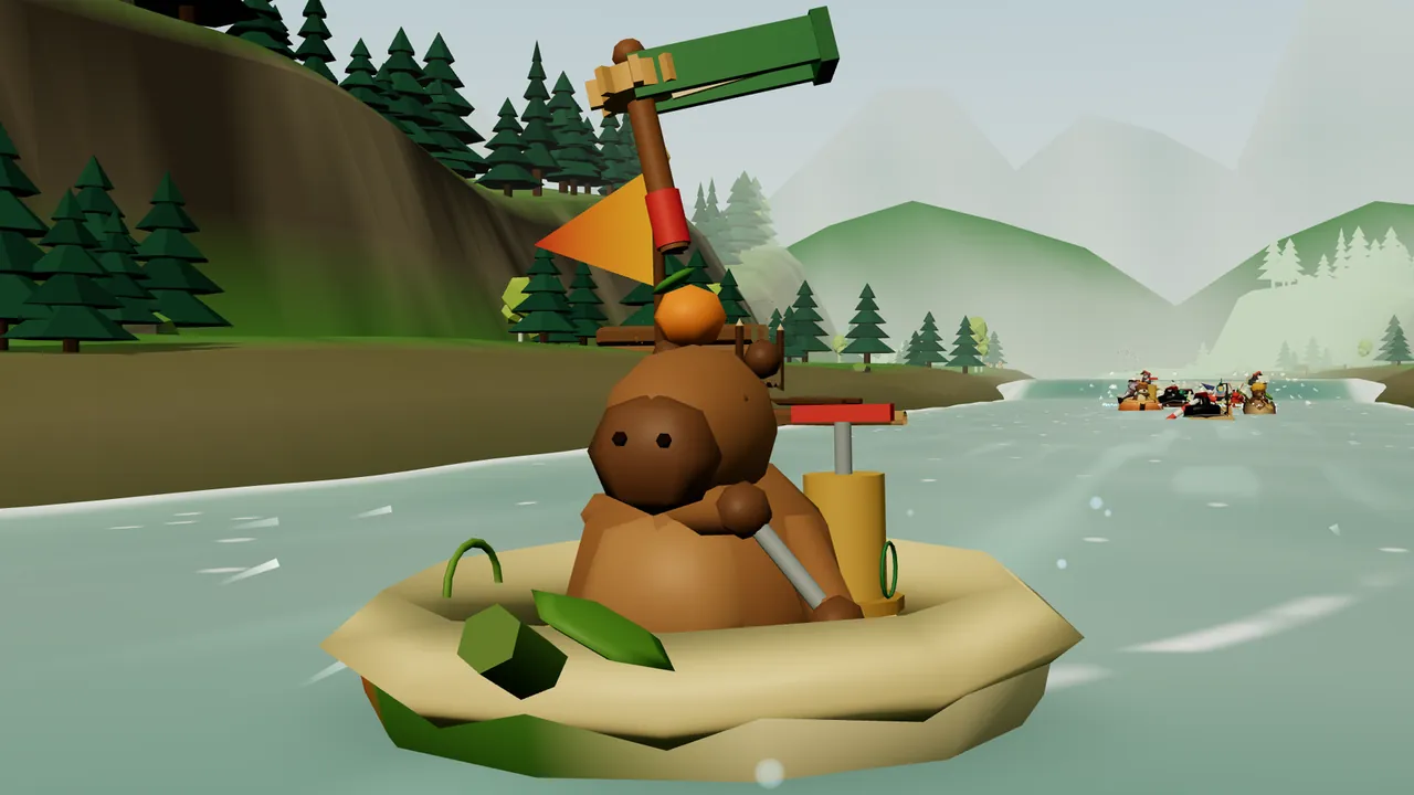 Fennel, a round brown capybara with a small tangerine and a green leaf balanced on his head, sits in half a pumpkin with a cream inside and a green rind, holding a ladle as a paddle, with a yellow pump aboard and an orange pennant flying behind him, a pine forest on the bank, misty green hills ahead and the other boats far behind