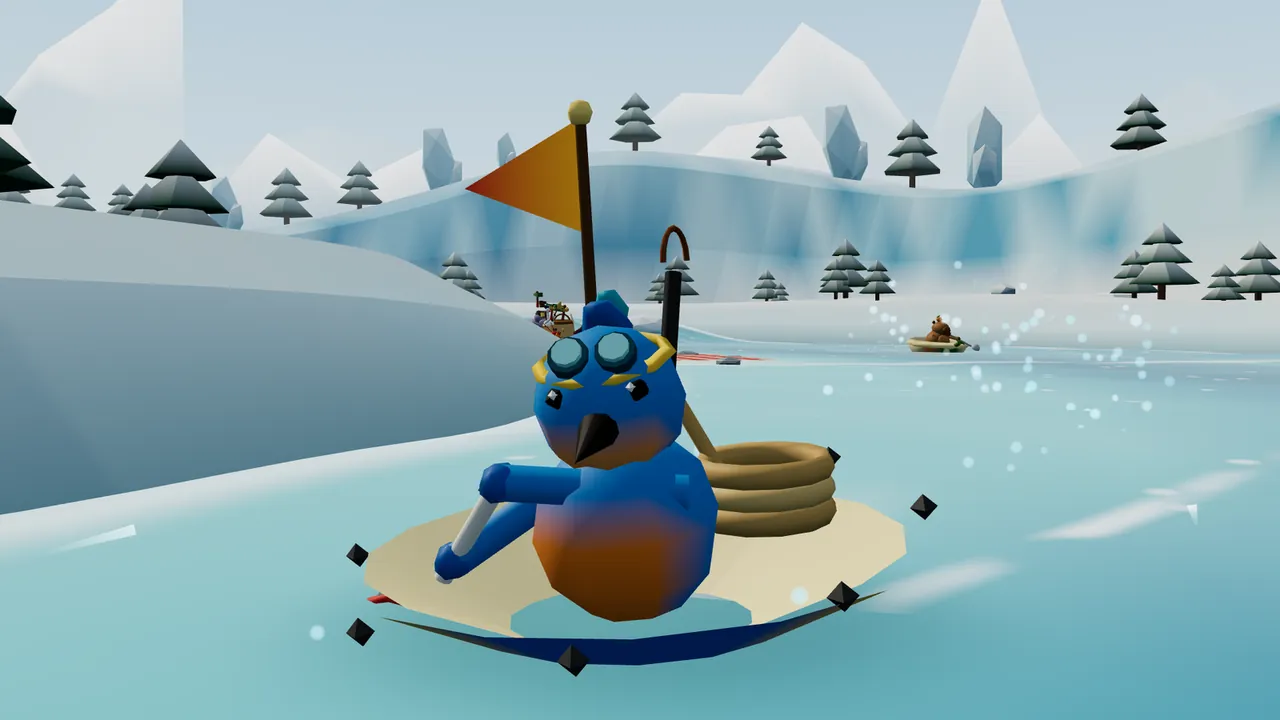 Juno, a small blue kingfisher chick with an orange belly, a black beak, a swept-back blue tuft and diving goggles pushed up on her head, paddles an upturned umbrella with its hooked handle sticking up, a coil of rope and an orange pennant aboard, on a pale blue meltwater river between snowy banks, ice cliffs and pine trees, a capybara in a pumpkin boat far behind her