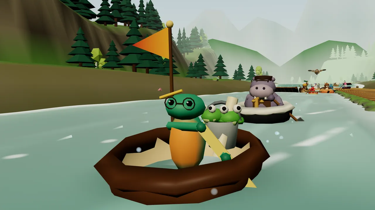 Sorrel, a green newt with round black glasses, a pencil behind one ear and an orange belly, paddles a giant walnut shell with a yellow ruler on a green river, an orange pennant and a bucket of frogs aboard, and right behind comes Brogan, a gray hippo in a flat cap and a leather apron, sitting in a white bathtub with a black outside and paddling with a shovel, a pine-covered hillside, misty hills, a flying gull and more boats in the distance