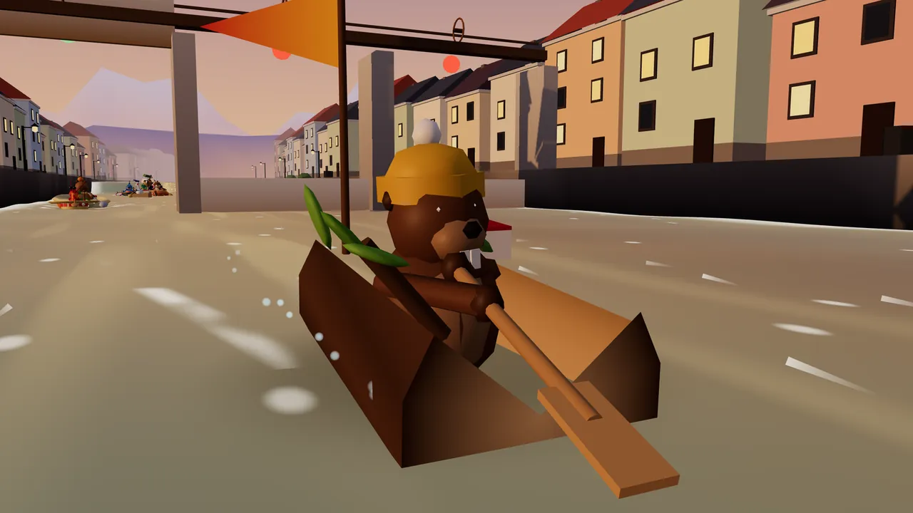 Burl, a brown beaver with big white buck teeth and a mustard beanie with a white pompom, rows a hollow log with a long wooden oar down a canal at dusk, with a green leafy twig tucked into the log, a row of tall gray sluice gate posts under a wooden beam with round red lanterns behind him, pastel houses with lit yellow windows along both quays, street lamps and the pink evening sky, and rival boats far back near the gates