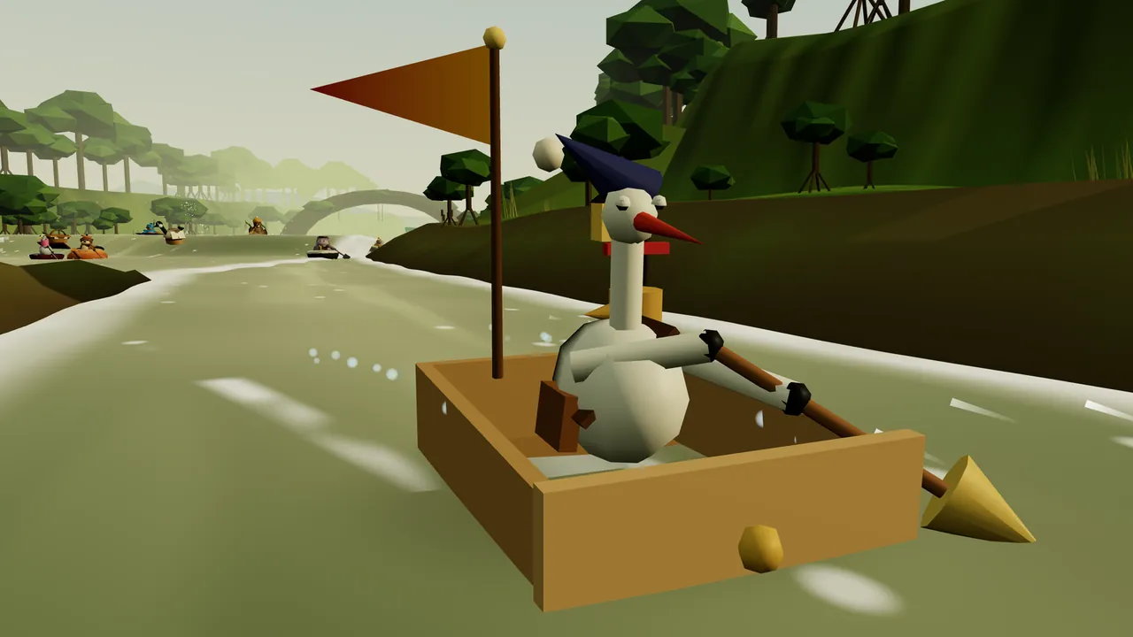 Hollis, a white stork with a long red beak, sleepy half-closed eyes and a navy nightcap with a white pompom flopping sideways, sits in a wooden dresser drawer with a round brass knob, sweeping the water with a broom, a brown mail satchel at his side, on a calm green side channel between low mud banks, with mangrove trees on tall roots, a dark green hill on the right, a root arch over the water behind him and rival boats far back