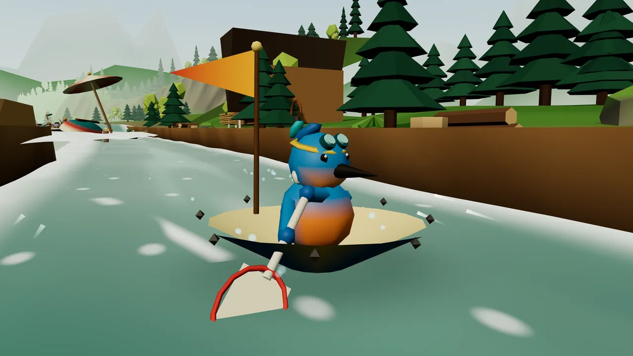 Juno, a round blue kingfisher chick with an orange belly, a long black beak and diving goggles pushed up on her head, paddles with a red tennis racket in an upturned umbrella down the narrow green water of the sawmill flume, with its brown plank wall on the right, the dark wooden sawmill, stacked logs and tall pine trees on the bank behind her and a boat with a striped parasol on the water on the left