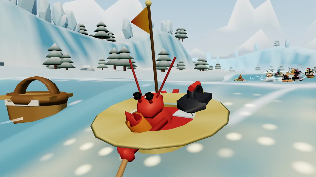 Nib, a small red crayfish with long red feelers and orange water wings on his big claws, sits in a floating straw hat with a red band on the blue water of Kettle Lake, holding a wooden spoon, with a black Flat Iron with a red handle beside him in the hat, a picnic basket floating on the left, a wall of pale blue ice with snowy pine trees behind him and a crowd of rival boats far back on the right
