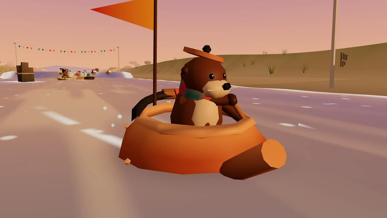 Ottilie, a brown otter with a cream face and a striped scarf, wearing the copper lid of her kettle as a hat, paddles her copper kettle with its short spout across pinkish water at sunset, with low golden dunes, dry grass and a tall pole on the right, strings of colored pennants and rival boats far back on the left and a pink evening sky