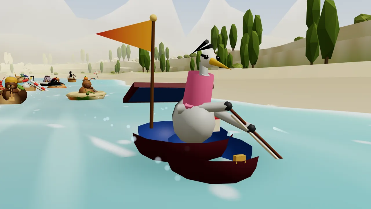 Verbena, a white heron with a dagger-shaped yellow beak, two black plumes and a pink feather boa, rows with a long violin bow in an open violin case, dark red outside and blue inside, on bright turquoise water, with pale sandy terraces, tall dark green trees and white mountains behind her and several rival boats, among them a capybara in half a pumpkin and a beaver in a hollow log, racing up behind on the left