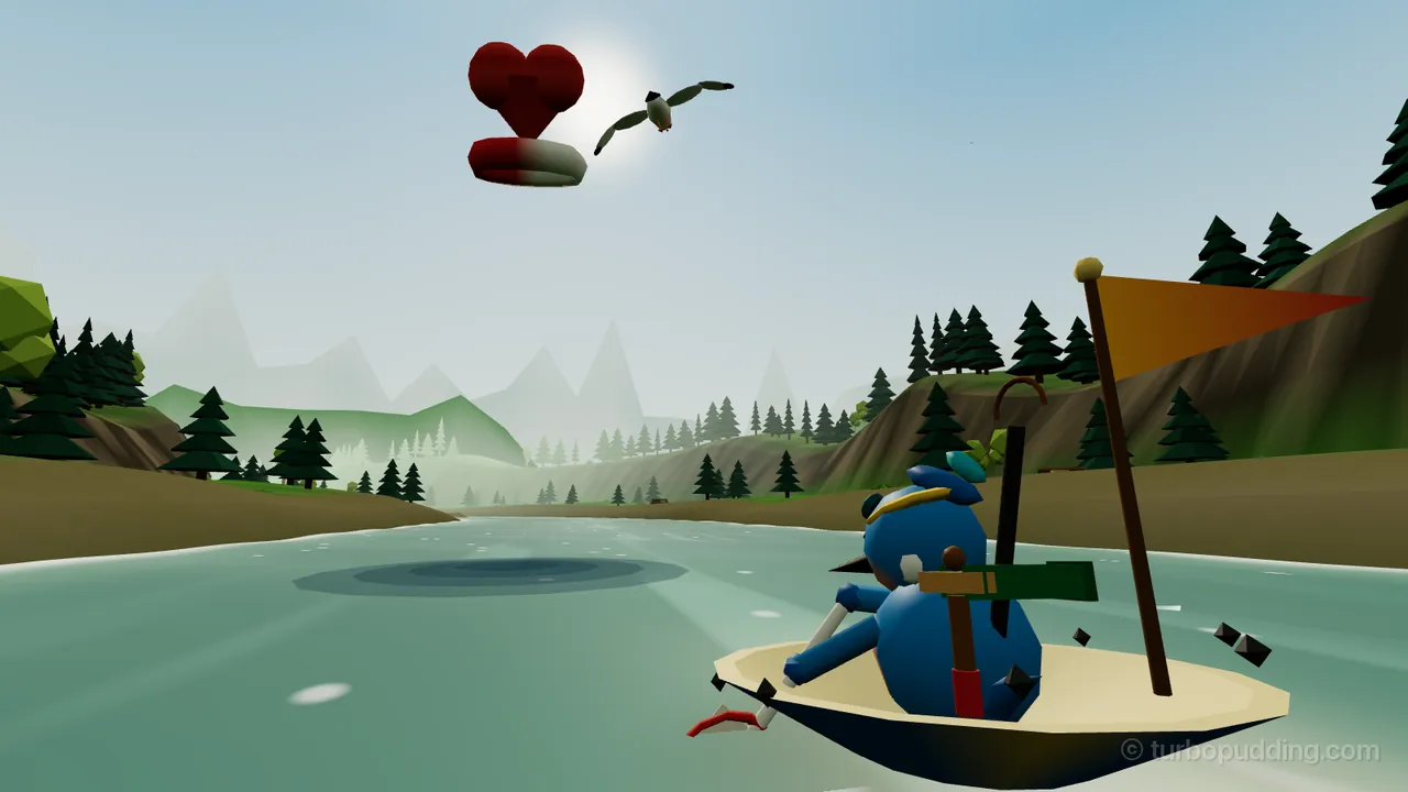 Needlewood Run, seen from just behind Juno, the little blue kingfisher chick with round goggles and a yellow headband: she sits in her upturned umbrella with its curved handle sticking up, holding a tennis racket over the side, an orange pennant flying on the right; up in the sky ahead a gull flies off after letting go of a big red heart sitting on a red and white ring, and the heart’s round shadow already lies on the green water in front of her, between banks of pine trees
