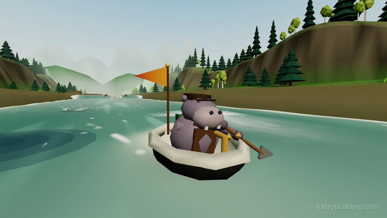 Needlewood Run in Pinewood Rapids: Brogan, a big purple-gray hippo in a brown flat cap and a leather apron, sits in his white cast-iron bathtub with a brass faucet at one end and rows it with a shovel, an orange pennant flying on a pole behind him; a dark round shadow lies on the green water to his left, and far back up the river, between brown rocky banks and pine trees, two small rival boats follow him