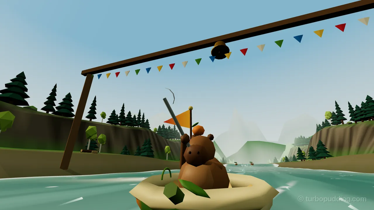 Needlewood Run, just past the finish: Fennel, a brown capybara with a little orange on top of his head, raises his ladle in his half-a-pumpkin boat, cream on the rim and green and orange on the sides, with a curly stem and a leaf; right above him a wooden beam on two posts carries a brass bell and a string of red, yellow, blue, green and white pennants, and behind him the river runs back between rocky, pine-covered banks to two small boats far upstream