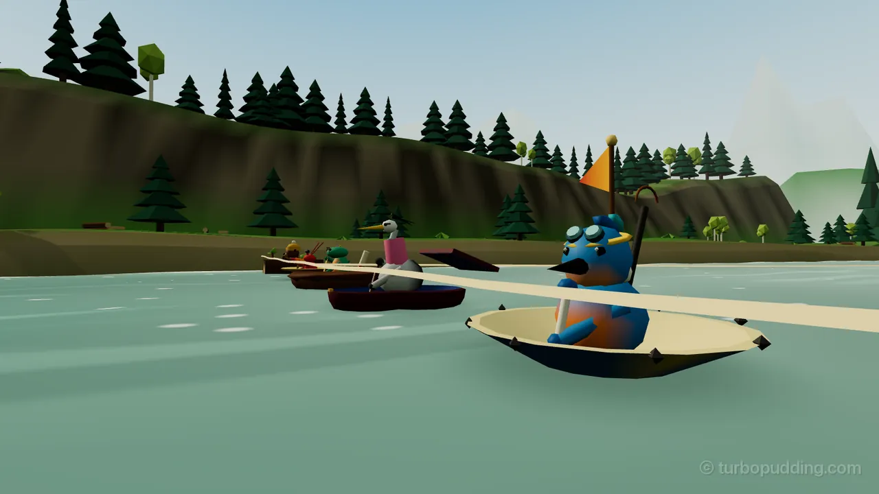 Needlewood Run in Pinewood Rapids at the start: Juno, a little blue kingfisher chick with round goggles, a yellow headband and an orange chest, sits close up in her upturned umbrella, its curved handle sticking up next to an orange pennant, with the cream starting rope stretched right in front of her; along the rope to the left wait her rivals, Verbena the heron in her violin case, Sorrel the newt in a giant walnut shell, Nib in his straw hat and Burl in his hollow log, below a brown bank lined with pine trees
