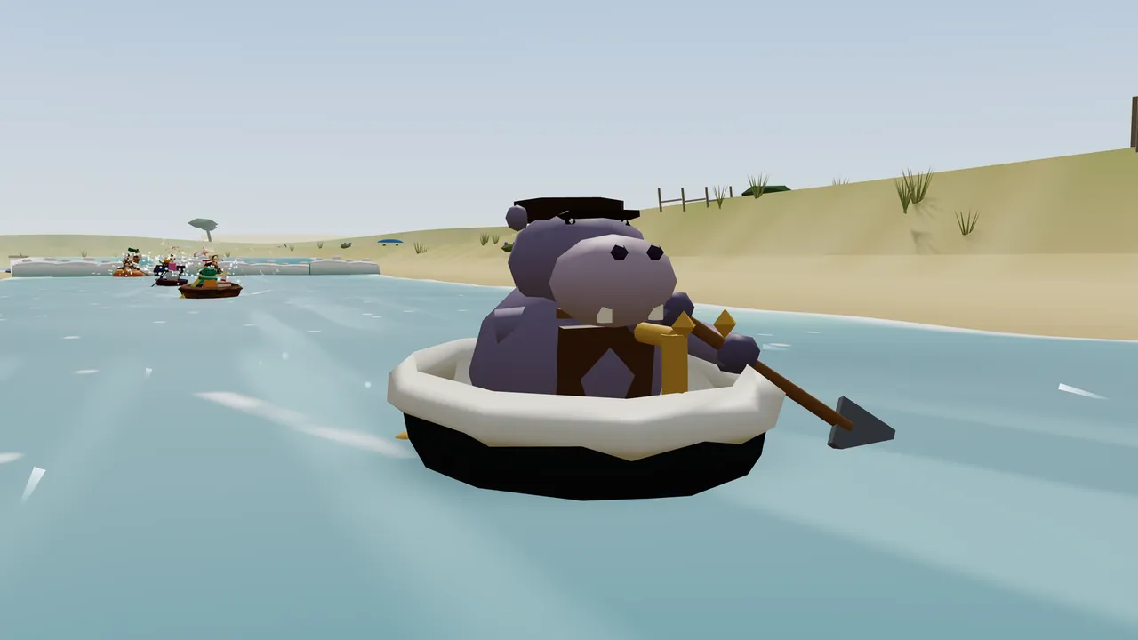 Brogan, a big purple hippo with small ears, two square white teeth, a black flat cap and a brown leather apron, sits in a black cast-iron bathtub with a white rim and a gold tap, drawn large in the middle of pale blue lagoon water and pulling a long shovel through the water like an oar; behind him, sand dunes with tufts of dry grass and a short wooden fence rise on the right, and far back on the left three boats splash along beside a low pale ridge under a hazy sky