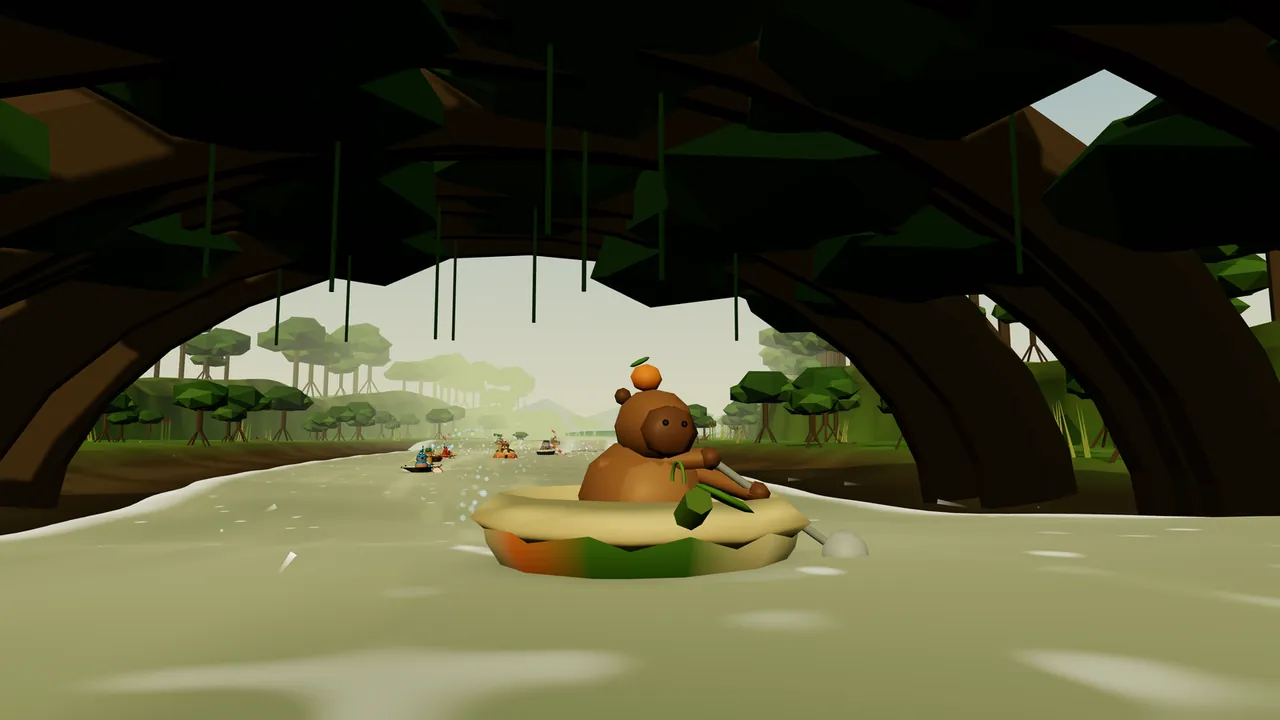Fennel, a round brown capybara with a small tangerine and green leaf balanced on his head, rows half a pumpkin with a ladle, drawn large in the middle on calm olive-green water; dark mangrove roots arch overhead in a low tunnel hung with thin green vines, and through the opening ahead the river runs on past misty green mangrove trees on stilt roots, where a few small boats race in a spray of water