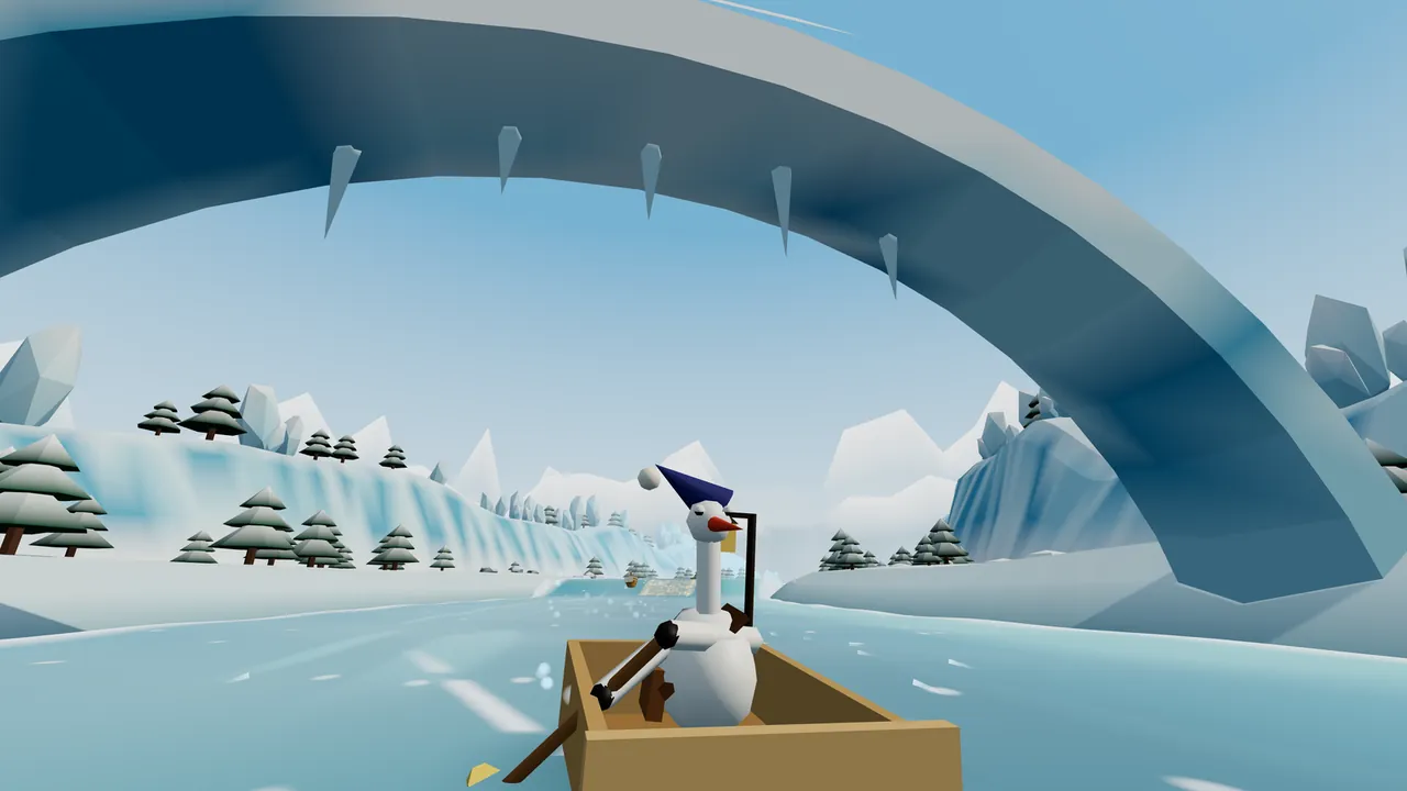 Hollis, a white stork with a long neck, an orange beak, sleepy closed eyes and a navy nightcap with a white pompom, rows a wooden dresser drawer with a broom at the bottom center of the frame, seen from just behind; a huge pale blue ice arch with a row of icicles hanging from its underside spans the whole sky above him, the river runs on between snowy banks with dark spruce trees and blue ice cliffs, white mountain peaks rise in the distance, and one small boat paddles far ahead