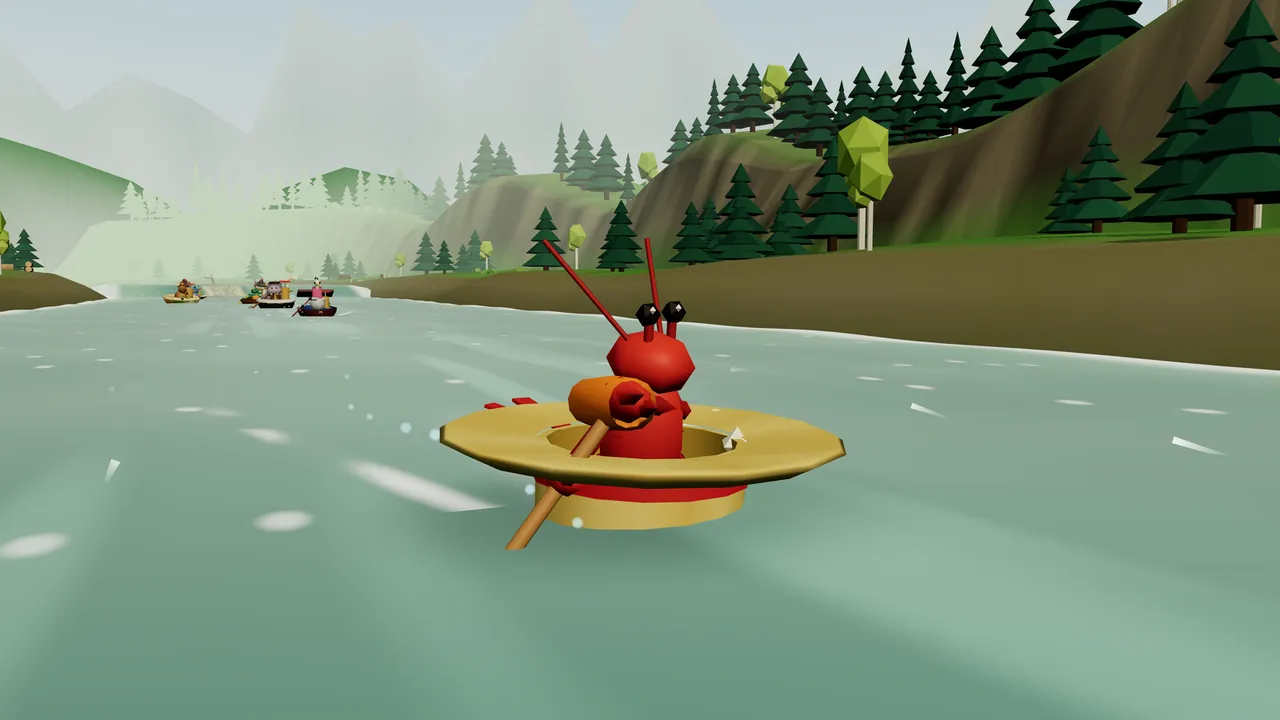 Nib, a bright red crayfish with two long red feelers and two black eyes on stalks, sits in a floating straw hat with a red band, drawn large in the middle of a wide pale green river; one big claw wears an orange water wing and grips the handle of a wooden spoon that dips into the water; the right bank is a steep brown slope covered in dark green spruce and a few pale birches, three other boats race far ahead near a misty white waterfall, and soft gray mountains fade into the haze beyond