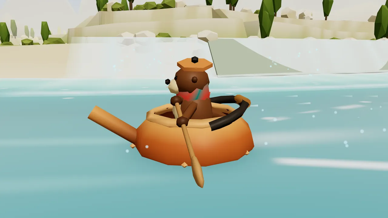 Ottilie, a brown otter with a cream muzzle, a flat orange cap and a red and teal scarf, rows a round copper kettle across bright turquoise water with a wooden spoon, drawn large in the middle; the kettle’s spout sticks out to the left and its black handle arches over the right side; behind her, white water spills over a pale cream lime rim, a flat gray-green sheet of water slopes down on the right, and above the rims stand low cream terraces with rounded rocks, green bushes and tall dark green trees