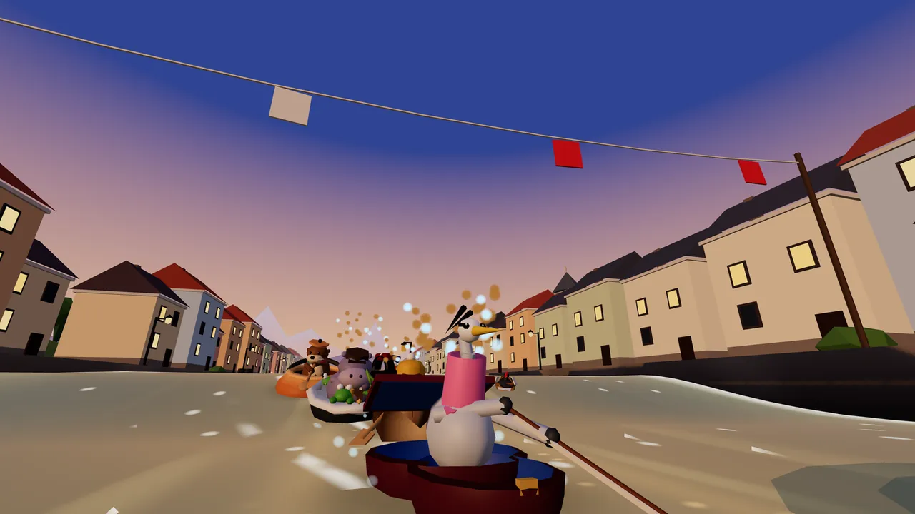Verbena, a white heron with a yellow beak, sleek black head plumes and a pink feather boa, paddles a dark red violin case with a violin bow at the bottom center of the frame, seen large from just behind and below; a laundry line with a pale pink cloth and two red cloths stretches across a deep blue evening sky above her, rows of cream, yellow, blue and brown town houses with red and dark roofs and lit windows line both sides of the canal, and several other boats paddle just ahead in a spray of water toward a pink horizon with a pale mountain