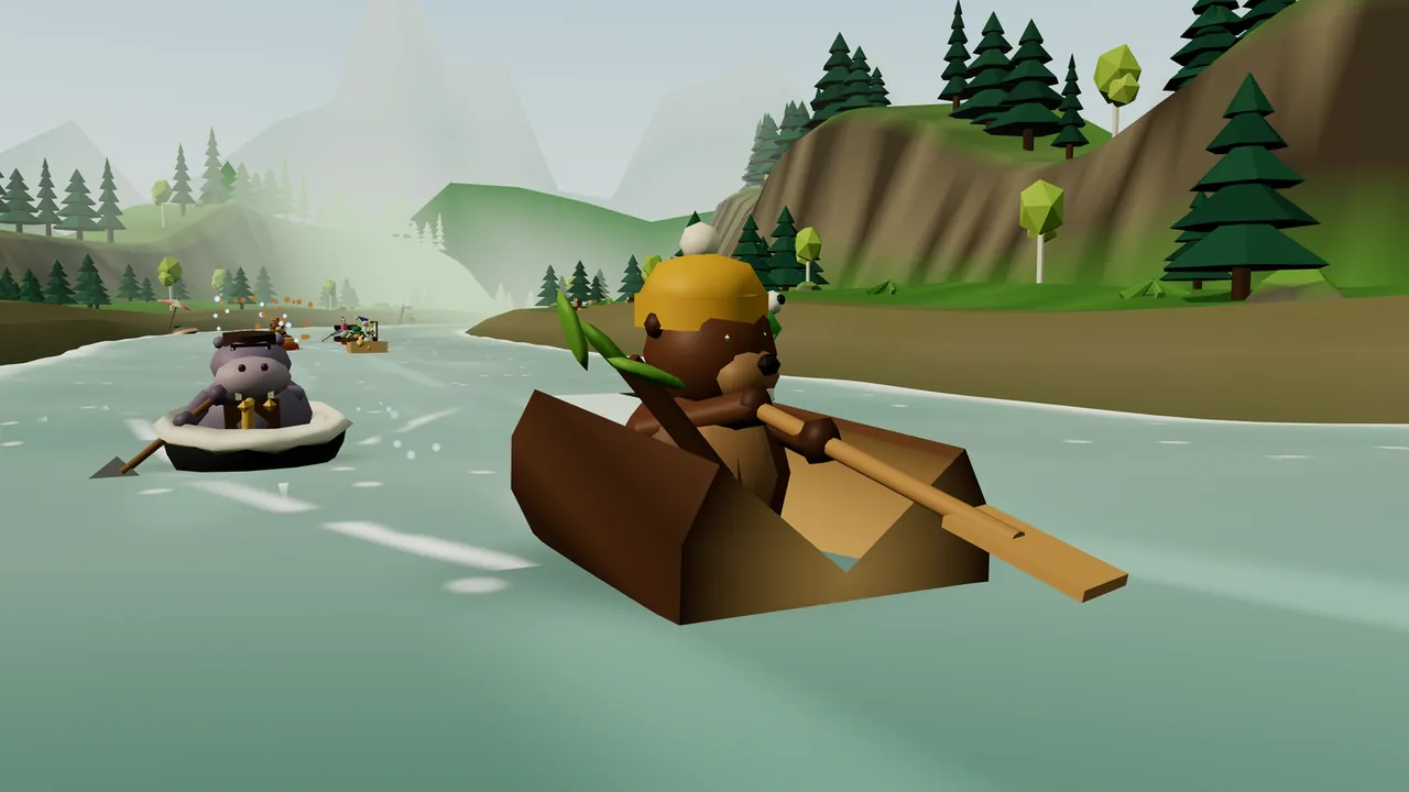 Burl, a brown beaver in a mustard beanie with a white pompom, paddles a hollow log with a wooden oar down Pinewood Rapids; the log has a V-shaped slot cut along the top, pale wood inside and a leafy twig sprouting from the side; behind him on the left, Brogan, a gray-purple hippo in a flat cap, rows a black and white bathtub with a brass tap, and green hills with pine trees and a steep bank rise on both sides of the misty river