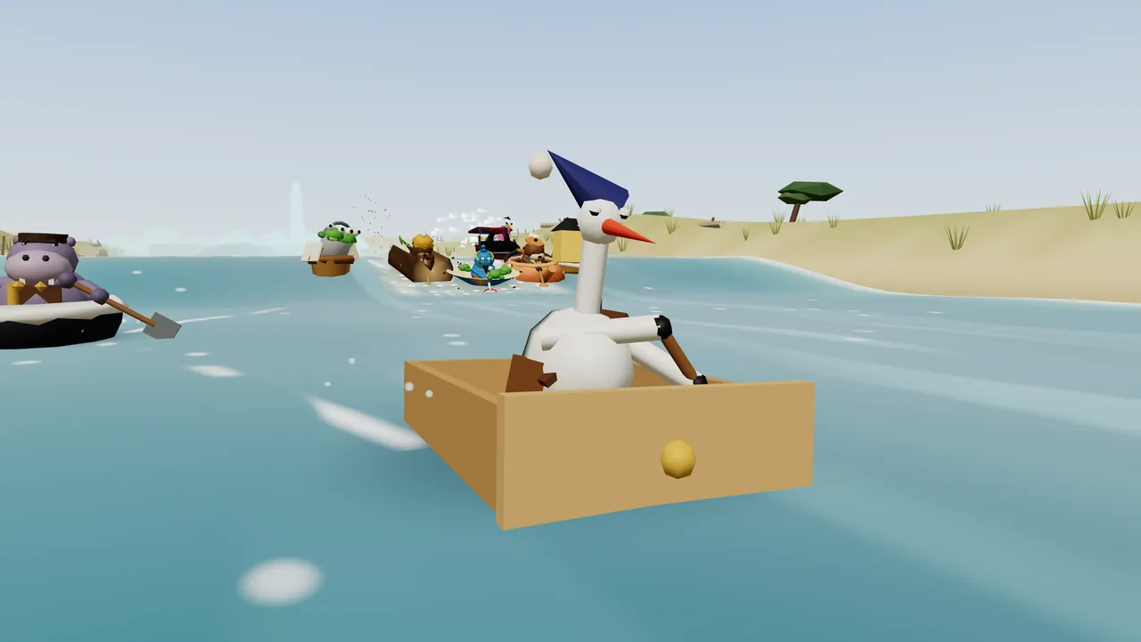 Hollis, a white stork with an orange beak, half-closed sleepy eyes and a navy nightcap with a white pompom flopping to one side, paddles a pale wooden dresser drawer with a round brass knob at the front down the wide blue river of Bell Mouth; on the left, Brogan the hippo rows his bathtub with a shovel, a pack of boats splashes along behind, and a sandy bank with tall grass and a flat-topped tree runs along the right under a hazy sky, with a pale lighthouse far in the distance