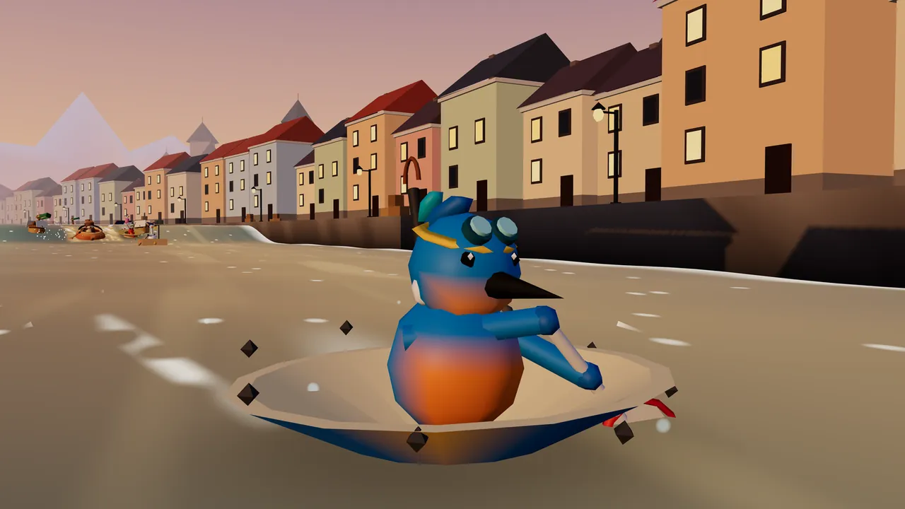 Juno, a round blue kingfisher chick with an orange belly, a long black beak, a soft blue and teal tuft and diving goggles on a gold strap pushed up on her forehead, paddles an upturned umbrella down the river through Millrace Town; the umbrella’s curved brown handle sticks up behind her and small dark tips poke out around its rim; on the right, a row of tall houses in peach, cream, sage and pink with red and dark roofs and lit windows stands above a stone quay with street lamps, and a few boats follow far behind under a pink evening sky