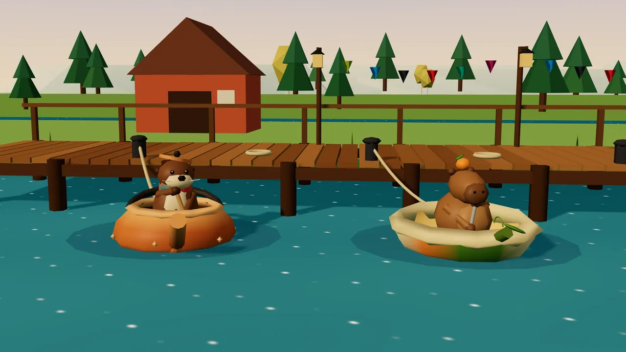 The Jetty at dawn: Ottilie, a brown otter with a cream face, a red scarf and a copper kettle lid worn as a hat, sits in her round orange copper kettle with its spout pointing forward and a black iron handle folded back behind her, and Fennel, a brown capybara with a tangerine and a leaf on his head, sits in half a cream, green and orange pumpkin with a ladle; both boats are tied with ropes to black bollards on a wooden pier with lantern poles, a red boathouse, pine trees and colorful bunting behind them, over calm teal water