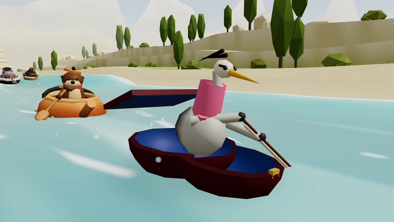 Verbena, a gray heron with a long yellow beak, two black plumes on her head and a pink boa around her long neck, paddles an open violin case on Chalkstep Terraces; the case is dark burgundy outside with a deep blue lining, a little gold latch at the front and the lid standing up behind her; farther back, Ottilie the otter rows her round copper kettle, a few more boats follow in the distance, and tall green trees and pale stone terraces line the sandy bank