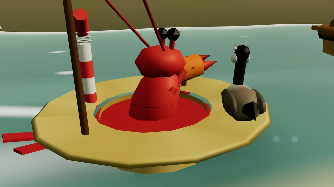 Nib the red crayfish sits in his floating straw-hat boat while a gray-brown goose with a black neck and white cheeks stands on the brim right beside him, with a red-and-white striped tube on the other side and a green river behind