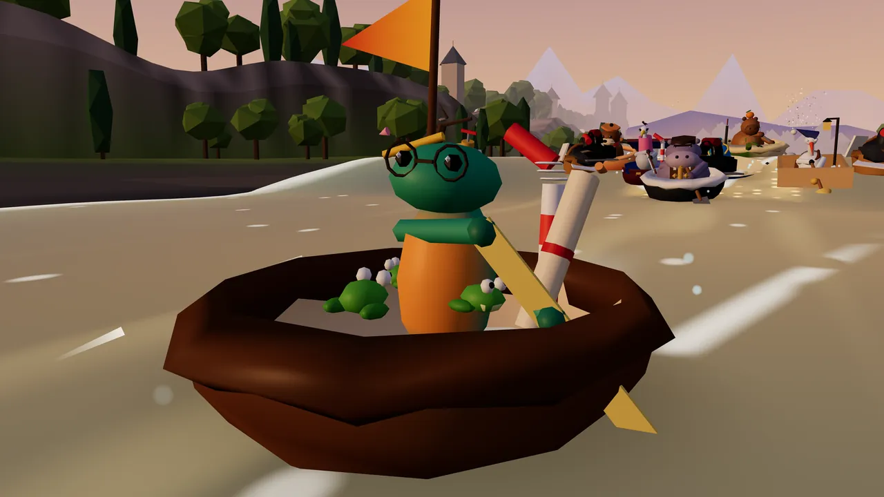 Sorrel the green newt in round glasses paddles a giant walnut shell down a river at dusk, with two little green frogs sitting on the rim of the shell, a rolled-up map aboard and other boats and town towers in the distance