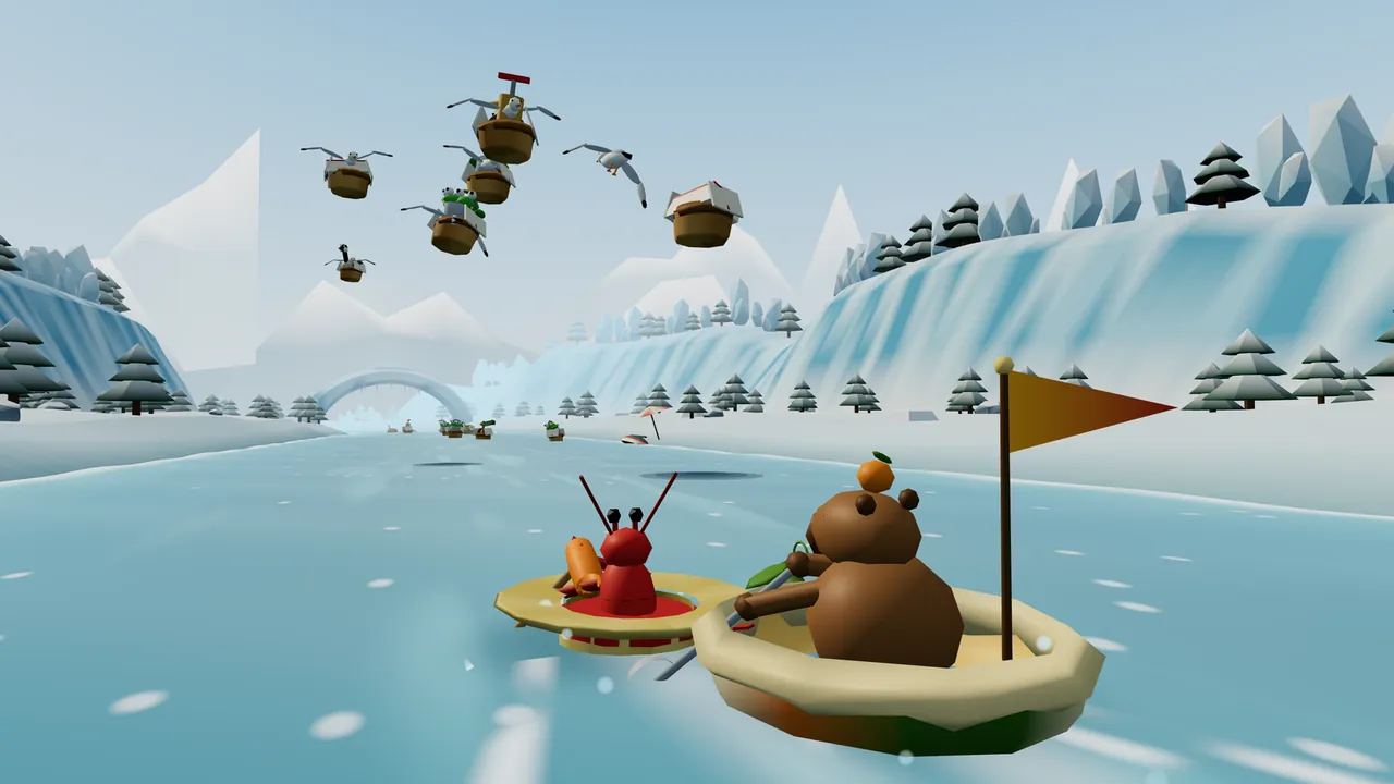Fennel the capybara, with a small tangerine on his head, and Nib the crayfish paddle side by side down an icy river while a flock of white gulls flies overhead carrying wicker baskets, one with a pump sticking out and one with green frogs peeking over the edge