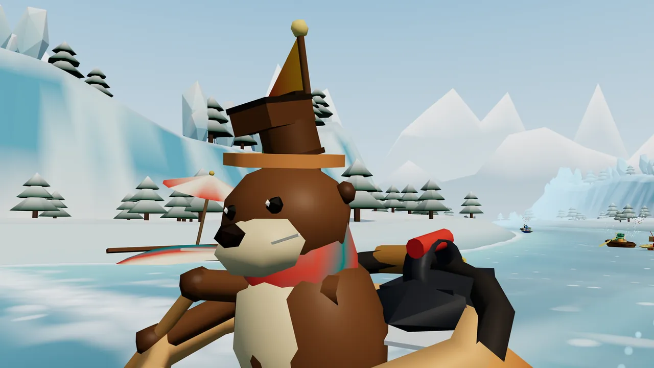 Ottilie the otter, in a red scarf, sits in her copper kettle on an icy river wearing an old brown boot upside down on her head like a hat, with snowy pines and an upturned picnic punt under a parasol on the bank behind her