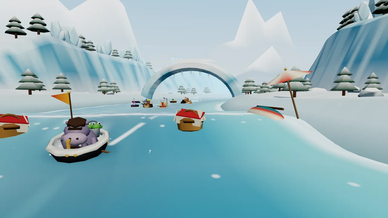 Brogan the hippo paddles his white cast-iron bathtub down an icy blue river between snowy banks, past two floating picnic baskets with red lids, while an upturned striped picnic punt lies on the right bank under a pink parasol, with an ice arch and other boats far behind