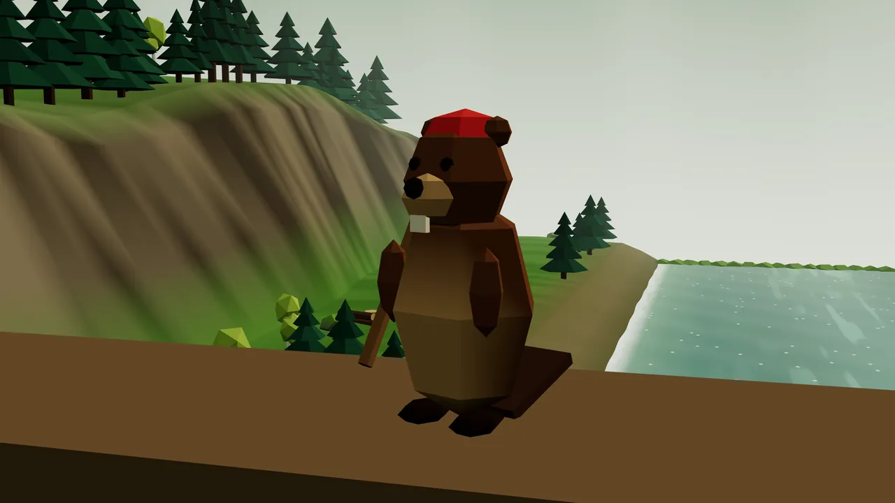 A Dam Hand, a brown beaver in a red work cap with a cream front tooth, small round ears and a flat tail, stands on the wide flat crest of Logjam Dam holding a wooden stick, with a steep grassy cliff topped with dark pine trees behind and the green river running past on the right