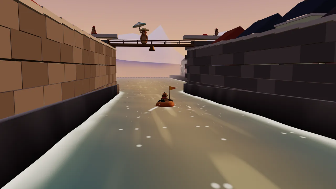 Ottilie in her round copper kettle with a little orange pennant floats down a narrow canal at sunset between two tall walls of cut stone blocks, toward Millpond Dam, where Dame Dambury stands with her sun hat and parasol on a wooden bridge over the gate, a brass bell hanging beneath it, a Dam Hand in a red cap on the stone crest at each side, and red and dark blue rooftops of town houses showing over the right wall under a pink and lilac sky