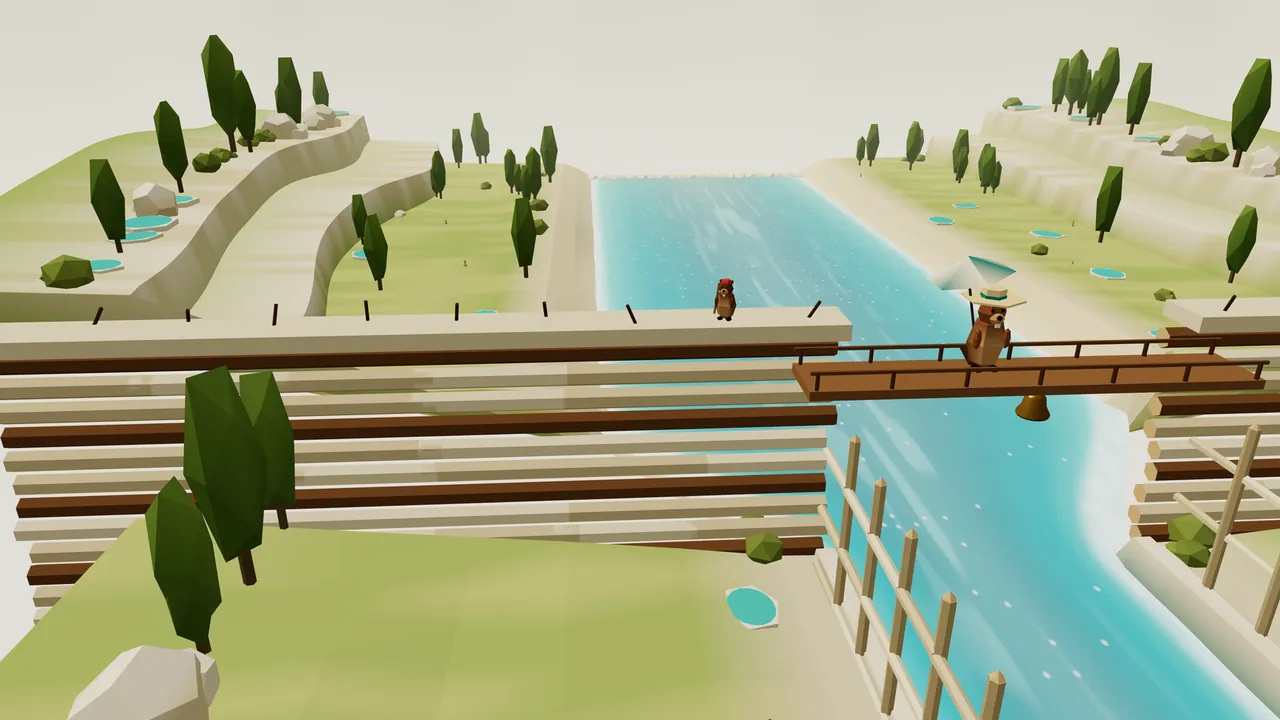 Chalk Dam seen from high above the river: a long wall of pale chalk-white logs with a few dark brown ones between them, short sticks poking out of its flat white crest and a Dam Hand in a red cap standing on top, Dame Dambury in her straw sun hat with a pale parasol on a wooden bridge over the open gate, a brass bell hanging under the bridge, and the turquoise river running through the gate and on between chalk terraces with small round pools, white boulders and tall dark green cypress trees