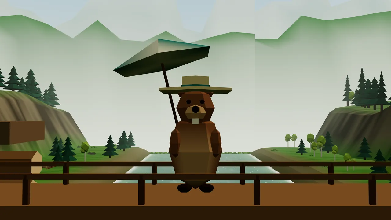 Dame Dambury, a brown beaver with a cream front tooth, a wide straw sun hat with a teal band and a parasol held up over her shoulder, stands facing the camera behind the wooden rail of the bridge on top of Logjam Dam, with the river running away behind her between grassy hills, steep rocky slopes and dark green pine trees