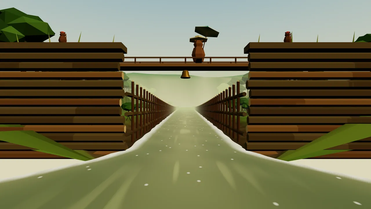 Siltbank Dam seen from downstream: two thick walls of stacked dark brown logs and packed mud on either side of the open gate, reeds poking up along the top, a Dam Hand in a red cap at each end of the crest, Dame Dambury seen from behind on the wooden bridge over the gate with her sun hat and parasol, a brass bell hanging under the bridge, and the olive-green delta river running out through the gate between two lines of wooden fences toward the camera