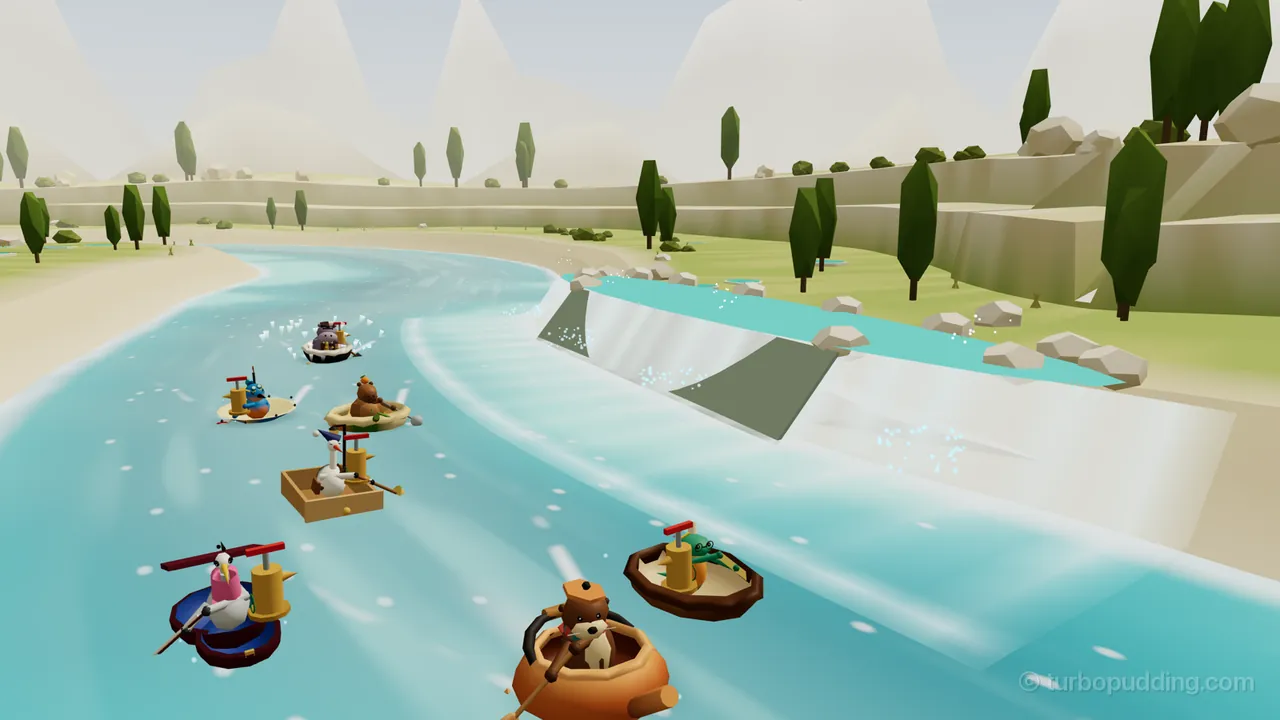 Seen from above a bend of Turquoise Basin: on the right bank, a round upper basin of turquoise water held in a white lime bowl and ringed by pale boulders pours a wide white sheet of water down a gray-green stained lip into the river, with sparkles of spray, while the racers paddle past on the turquoise water: Ottilie the otter in her copper kettle at the front, Sorrel the newt in a walnut shell beside the falling water, Verbena the heron in her violin case on the left, Hollis the stork in a dresser drawer, Fennel the capybara in half a pumpkin, Juno the kingfisher chick in her umbrella and Brogan the hippo in his bathtub further back; behind them, the land climbs in white terraces with poplars and small turquoise pools on the grass