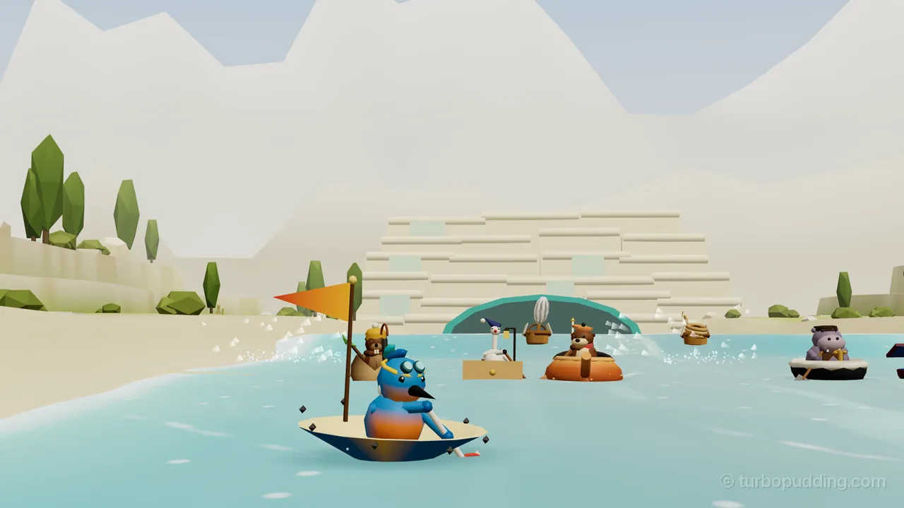 Juno, a little blue kingfisher chick with round goggles, a yellow headband and an orange chest, paddles her upturned umbrella on turquoise water at the start of Lime Ladder, while behind her the river comes out of a dark mouth with a teal rim under a wide staircase of six white lime steps with a few pale turquoise sheets of water on them; Burl the beaver in his hollow log, Hollis the stork in a dresser drawer, Ottilie the otter in her copper kettle and Brogan the hippo in his bathtub paddle behind her, between sandy banks with poplars and pale mountains in the haze