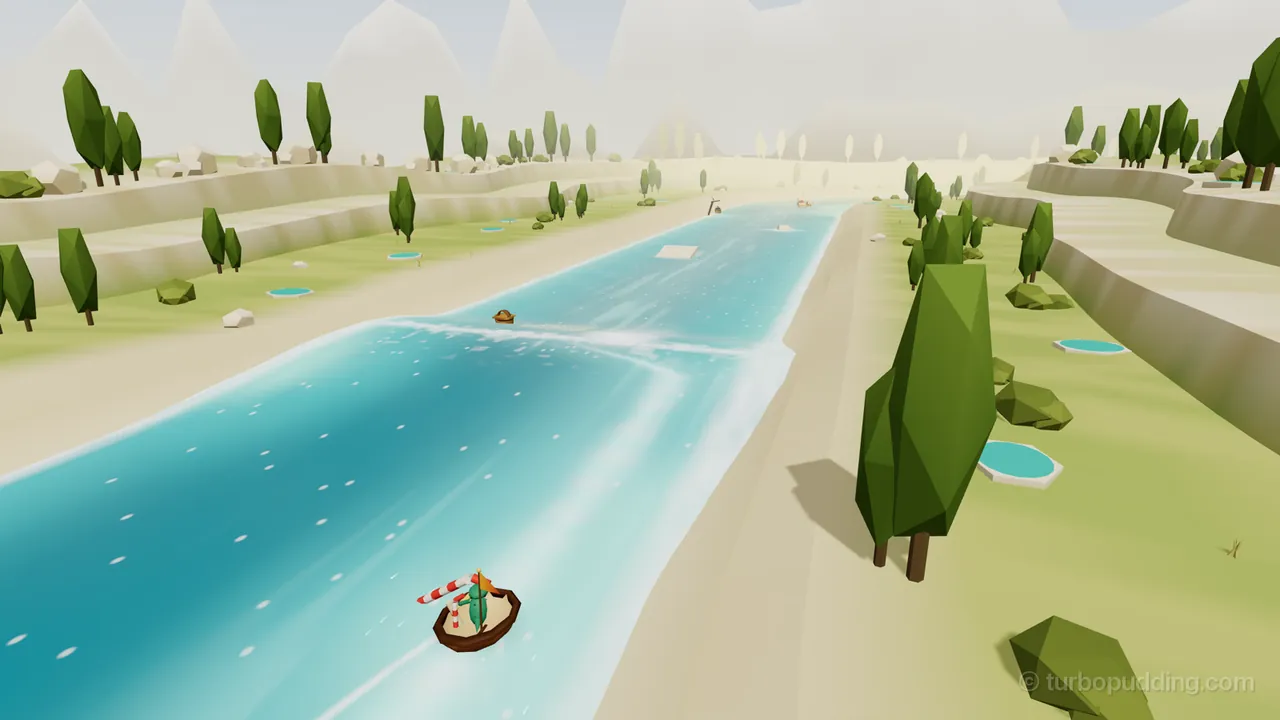 A high view down the long back straight of Turquoise Basin in Kettlecrest: a wide turquoise river runs away between sandy shores, with a pale lime slab rising from the water further down and a line of white foam across the river; Sorrel the newt paddles a walnut shell in the front, holding up a long red-and-white striped bendy straw; on both banks the land climbs in two white lime terraces with flat green steps, poplars, white limestone boulders and round green shrubs, and small turquoise pools in white rims dot the grass on the steps