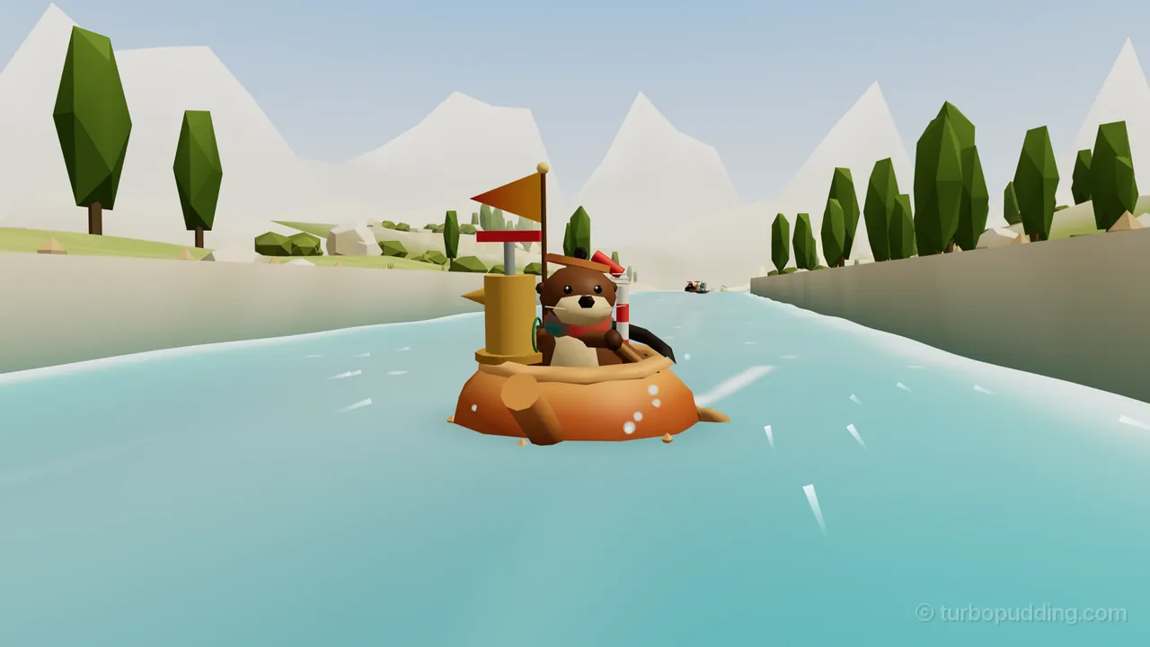 Ottilie, a brown otter with a cream face, a red scarf and a copper kettle lid worn as a hat, paddles her round orange copper kettle straight toward the camera down the White Chute, a smooth turquoise spillway between two long plastered walls, pale on the left and in shadow on the right, with a yellow pump with a red handle and a red-and-white striped straw standing in the kettle beside her, poplars and green shrubs along the tops of the walls and pale mountains behind