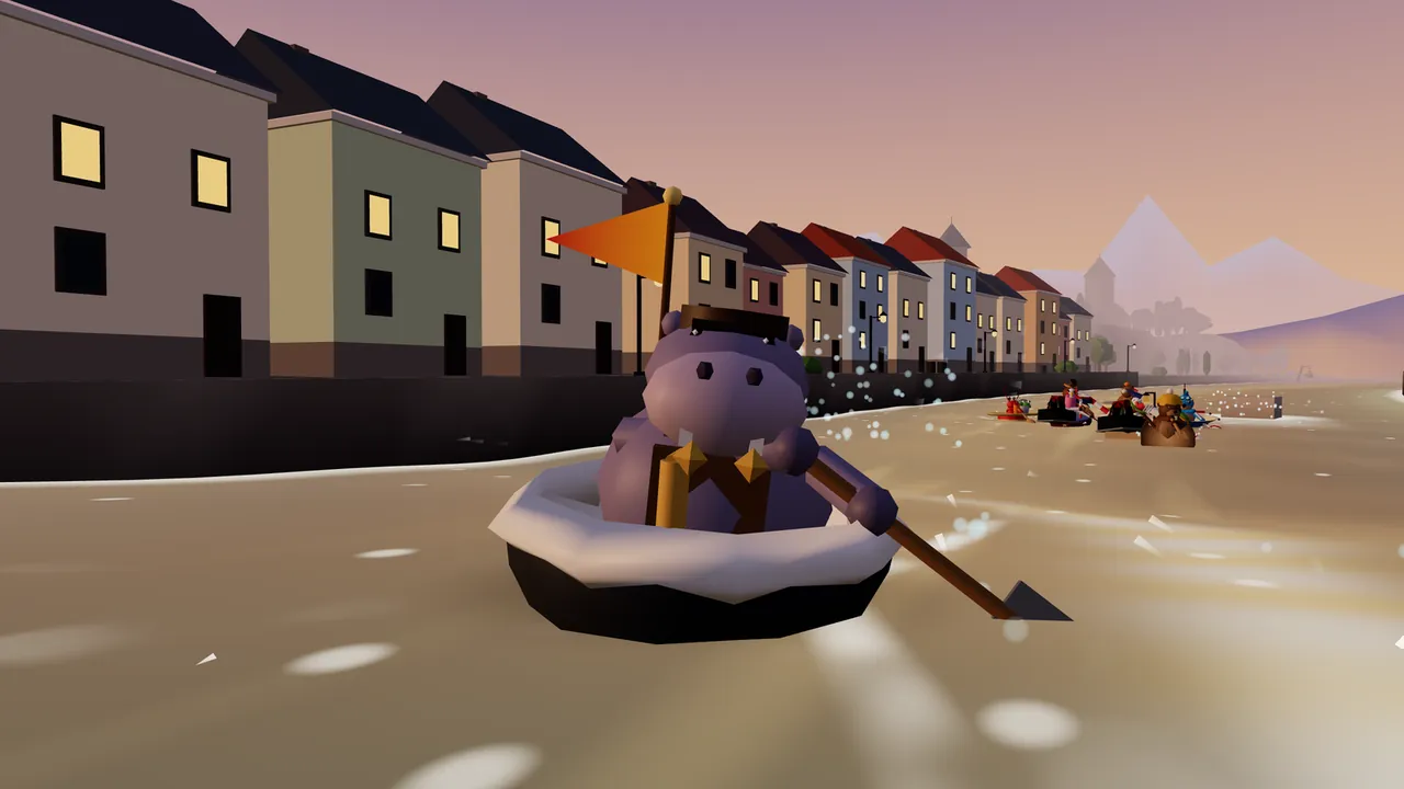 Brogan, a purple-gray hippo in a flat black cap, sits in a black cast-iron bathtub with a white rim, rowing with a shovel down a brown canal at dusk under an orange pennant; tall houses in gray, green, peach and blue with glowing yellow windows and dark roofs line the left bank of Lantern Cut, streetlamps stand along the quay, and far behind, the other boats bunch together under a pink sky and a misty purple mountain