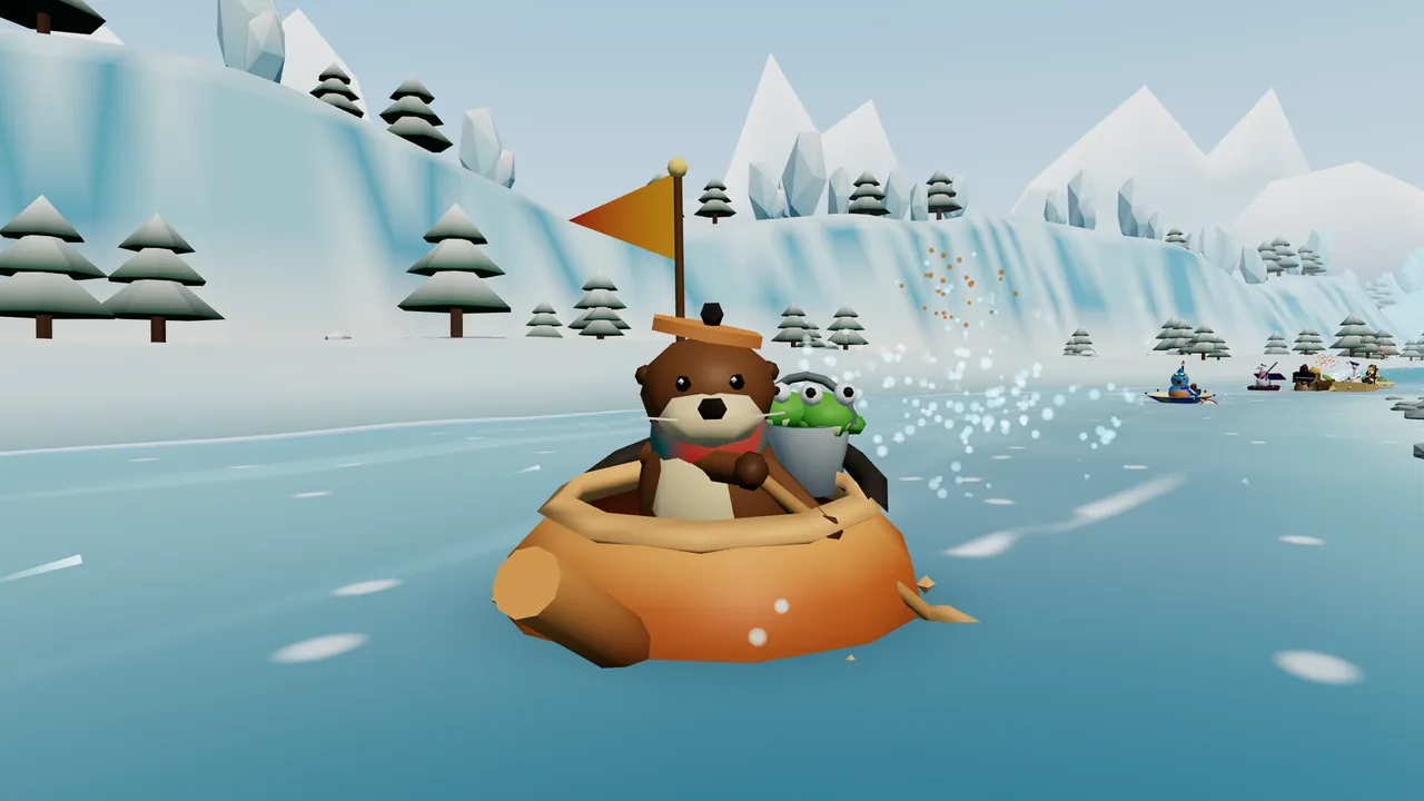 Ottilie, a brown otter with a cream face, a red scarf and a copper kettle lid worn as a hat, paddles her round orange copper kettle with a wooden spoon down Meltwater Mile under an orange pennant; a gray Frog Bucket with two green frogs peeking over the rim rides in the kettle behind her, splashes and sparkles fly up on the right, and tall pale-blue ice walls with snowy pine trees and white peaks line the river, with rival boats far off on the right