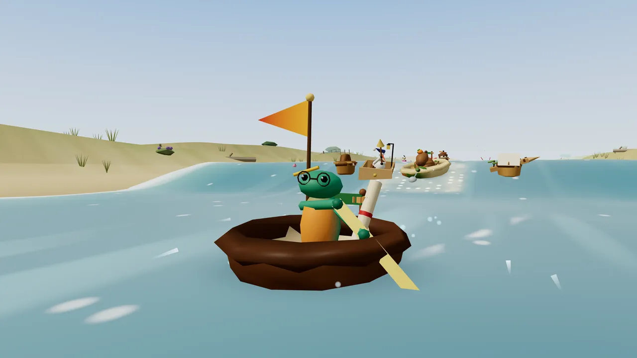Sorrel, a green newt with round black glasses and a yellow pencil on top of the head, sits in a big brown walnut shell with an orange pennant on a tall pole and a rolled-up paper map with a red band, rowing with a pale wooden ruler across the blue water of Saltgrass Bends; behind, rivals follow in a wooden drawer with a lantern on a pole, a woven basket and a pale round boat, and low sand dunes with tufts of grass line the left bank under a pale sky