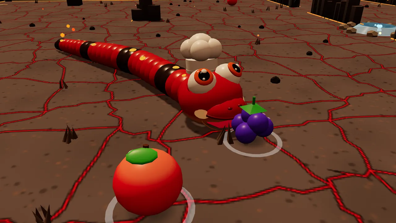 Cinder, a bright red snake with black bands and little gold spots, wears a tall white chef hat with a puffy top and opens a wide mouth at a bunch of purple berries, with a big red apple in front, on dark brown ground cracked with glowing red lines, with small black rocks and a dark rocky wall at the back