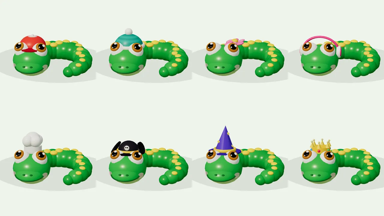 Eight copies of Milo, a green snake with big brown eyes, pink cheeks and yellow spots along his back, curled up in two rows of four on a pale green background, each wearing a different hat: a red ball cap with a visor, a teal striped beanie with a white pompom, a pink flower beside one eye, pink headphones with white ear cups, a puffy white chef hat, a black pirate hat with its brim turned up and a round white badge, a tall purple wizard hat with a gold band and little yellow stars, and a gold crown with a red gem