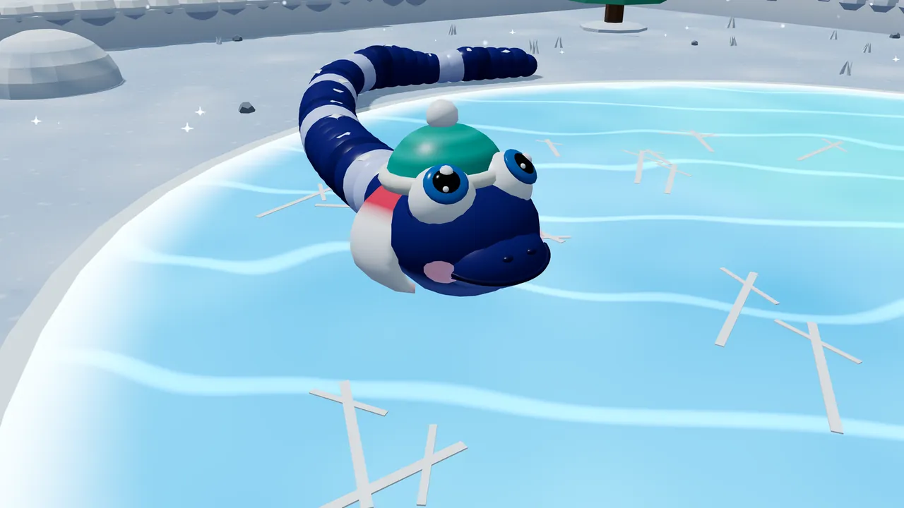 Frosty Mint in the Midnight colors, a dark blue snake with pale blue bands, wears a teal Cozy Beanie with a cream cuff and a white pompom and a red and white scarf around the neck, gliding across a pale blue frozen pond with thin white cracks, with snowy banks, an igloo and a pine tree behind