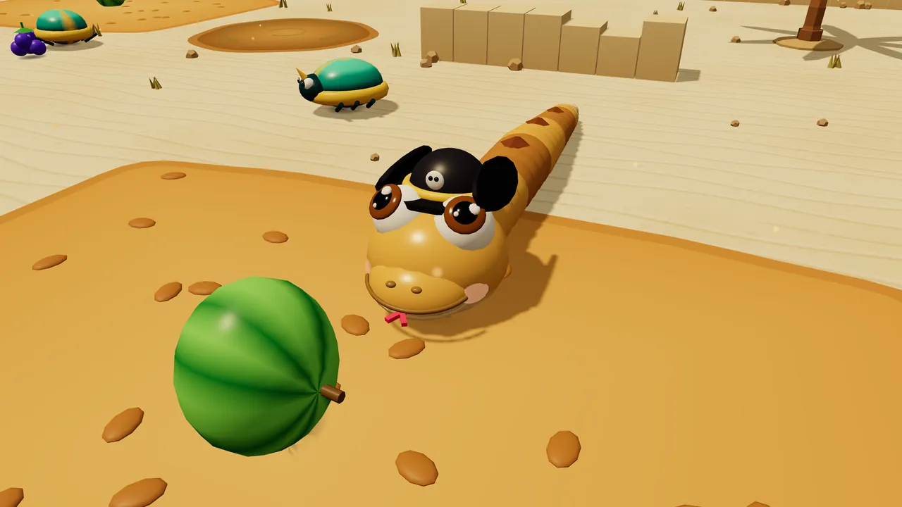 Sandy, a sandy-yellow snake with brown bands and brown diamond spots, wears a black pirate hat with its brim turned up on both sides, a gold band and a round white badge with two dots, and flicks a little red tongue on an orange patch of sand next to a big striped melon, while a scarab beetle with a teal shell and a little horn crawls behind, past a low sandstone wall, a palm tree and a bunch of purple berries