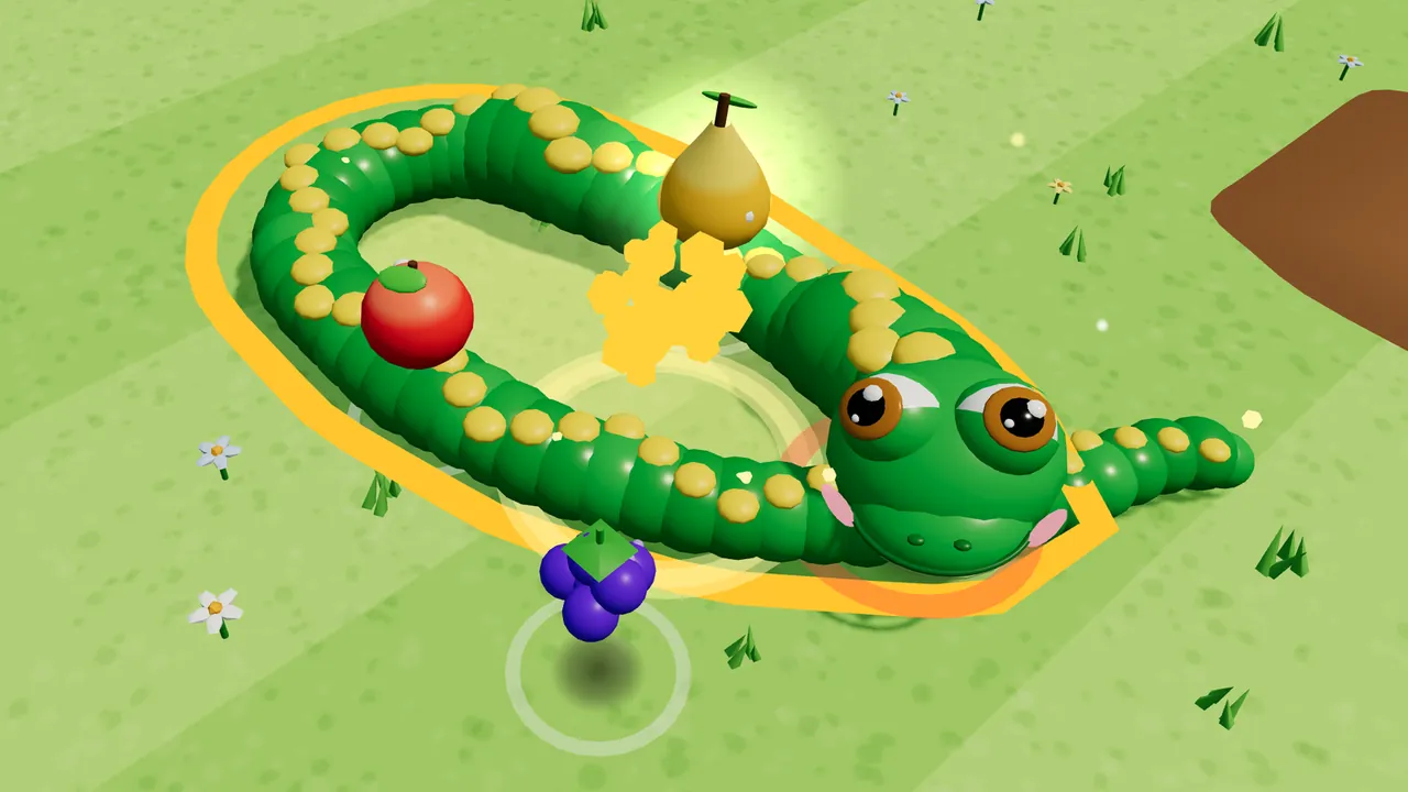Buzz Off! in the Sunny Orchard: Milo, a green snake with yellow spots along his back and big brown eyes, has just closed a loop on the striped green lawn, and a glowing gold rope traces the loop just outside his body; a burst of yellow sparkles marks the catch, and a fruit shower has popped up around it: a softly glowing golden pear, a red apple and a bunch of purple berries, with small white daisies and tufts of grass around and a patch of bare brown earth on the right