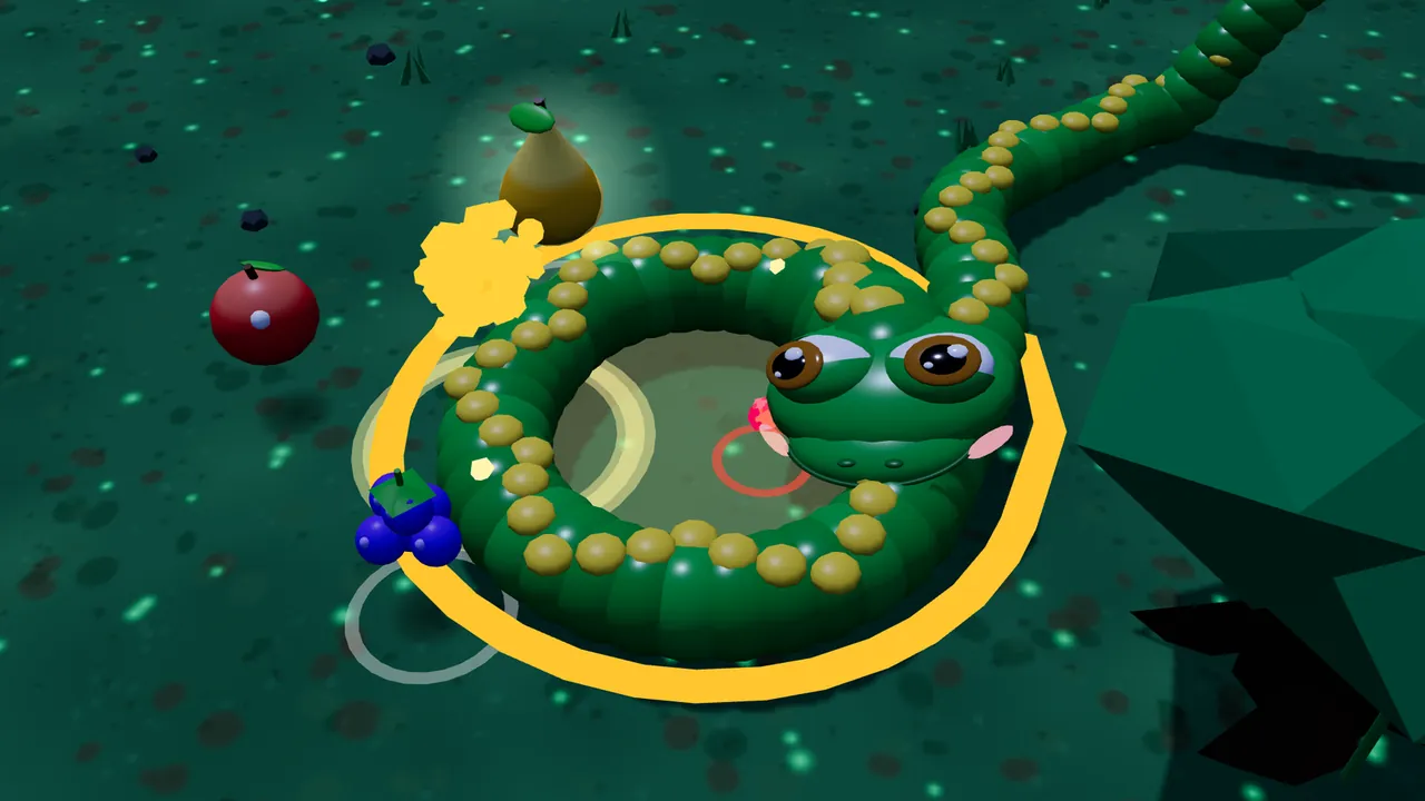 Bounce Canopy in the Glowshroom Jungle at night: on dark teal ground speckled with tiny glowing dots, Milo, the green snake with yellow spots, has wrapped himself into a round loop inside a glowing gold ring, with the rest of his long body trailing off to the top right; a yellow burst of sparkles marks the catch, a softly glowing golden pear, a red apple and a bunch of blue berries sit around the loop, and a big dark green bush fills the right edge