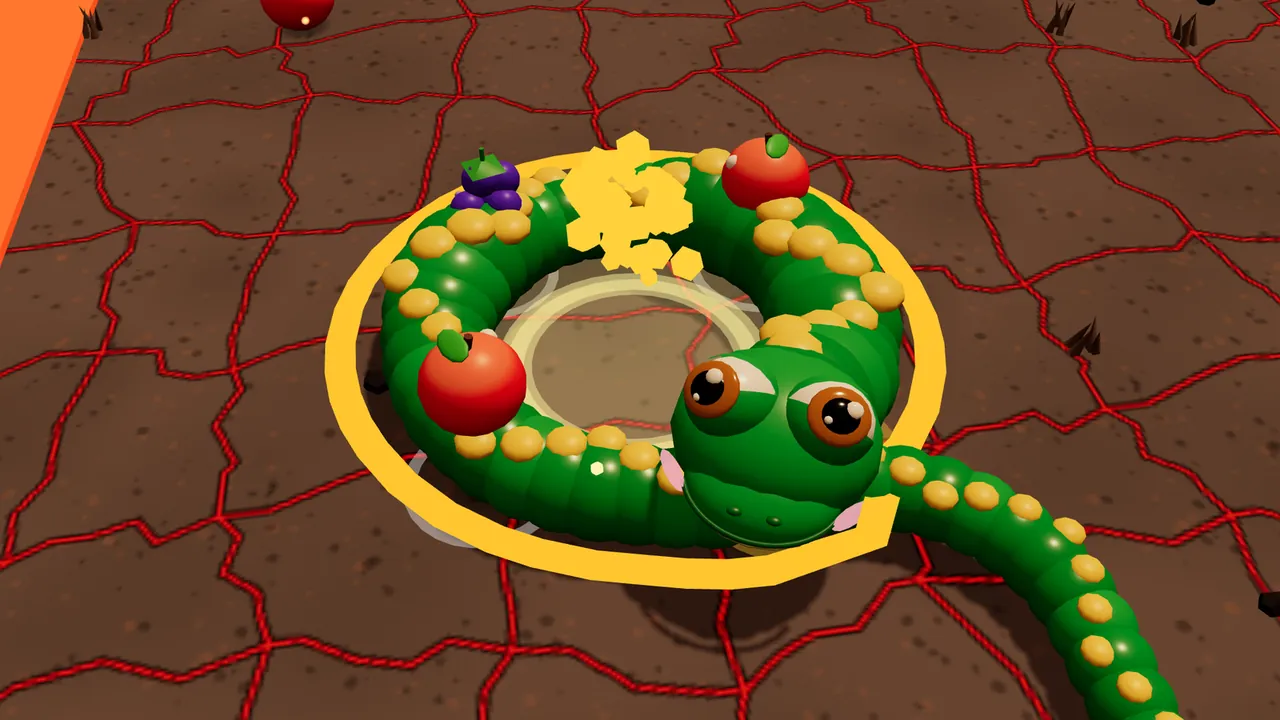 Ember Ring in the Ember Forge: Milo, a green snake with yellow spots along his back and big brown eyes, lies coiled in a tight loop on dark brown rock crisscrossed with glowing red cracks, his head resting at the front of a bright gold ring that traces the loop just outside his body; yellow sparkles burst at the top of the loop where something has just been caught, two red apples and a bunch of purple berries sit on and around his body, his tail trails off to the bottom right, and a sliver of orange lava shows at the left edge