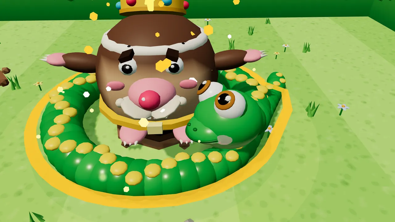 The Mole King’s arena in the Sunny Orchard, up close: the Mole King, a big round brown mole with a pink nose, white whiskers, pink clawed hands held out wide, bushy dark eyebrows, a white fur collar, a gold belt with a square buckle and a gold crown with red and blue jewels, stands looking worried inside a loop of Milo’s green body with yellow spots, ringed by a glowing gold rope; Milo’s head rests right beside the king, one big brown eye looking up at him, and yellow sparkles float in the air above the green lawn