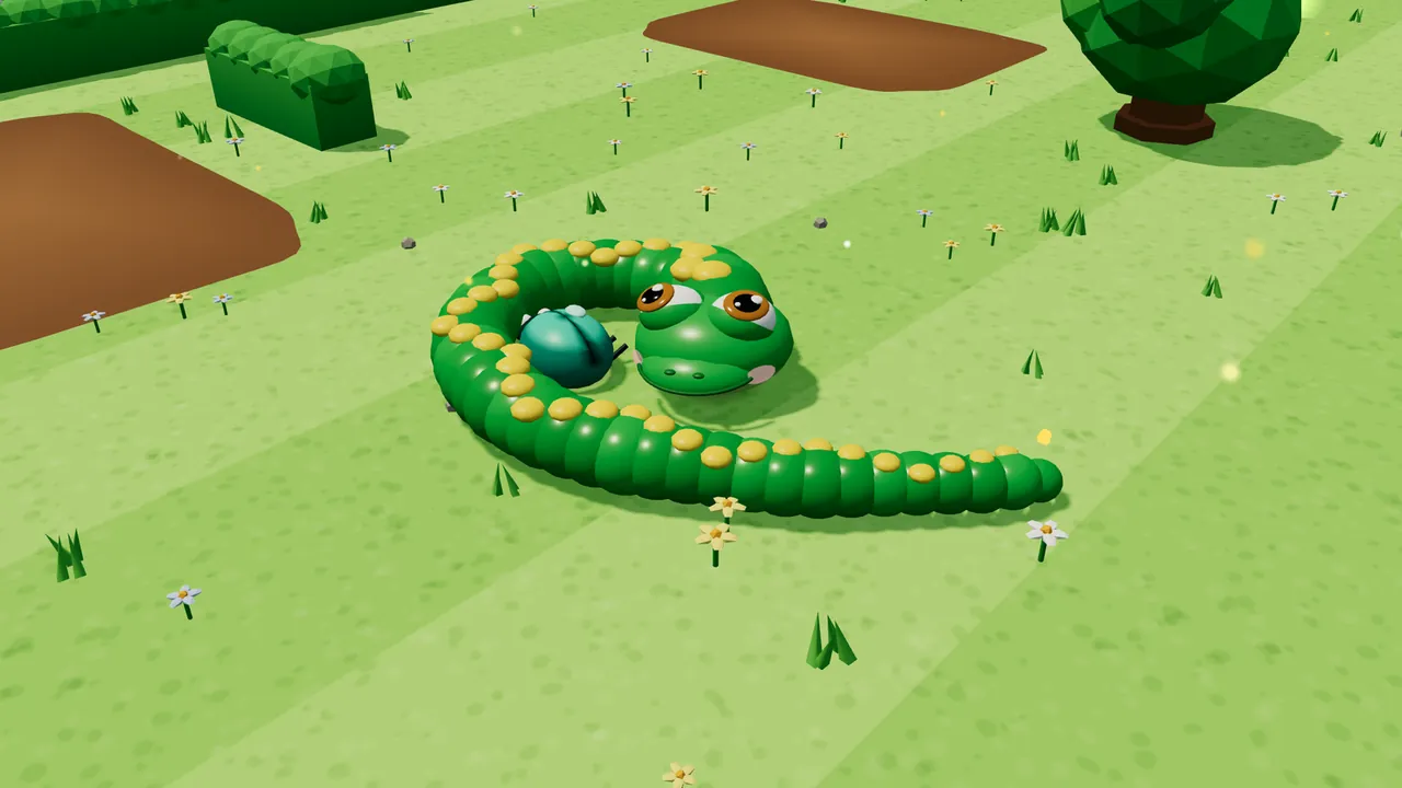Milo the green snake curls almost all the way around a shiny teal beetle on the orchard grass, his head turned toward the camera, with patches of mud, a hedge and a round low-poly tree behind
